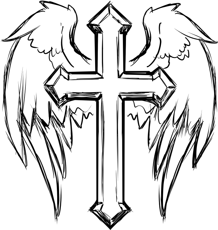 Line Drawing Cross : Clipart cross with wings line art